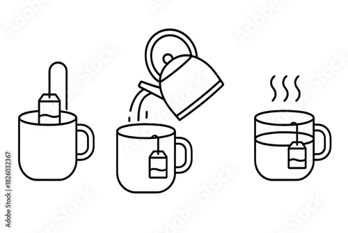 Sequential steps for brewing hot tea using a teabag and pouring water from a kettle