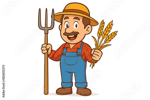 Happy cartoon farmer holding a pitchfork and a bundle of ripe wheat grain stalks