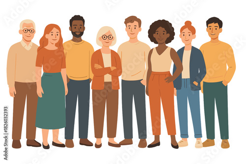Diverse group of seven adults standing together representing various ages, genders, and ethnicities