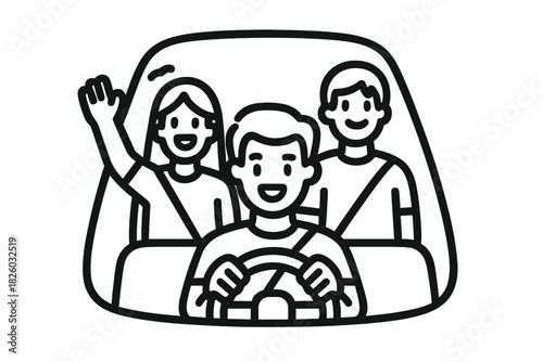 Group of smiling friends traveling together in a car, enjoying a shared ride