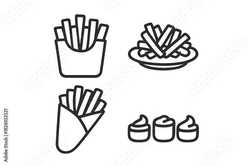 Minimalist outline icons set of French fries servings and dipping sauces