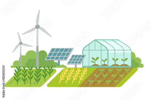 Sustainable farming landscape with renewable energy sources and agricultural production