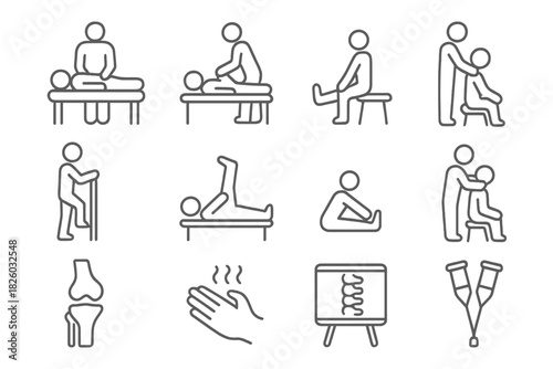 Outline pictograms showing physical therapy, stretching, injury recovery, and chiropractic care