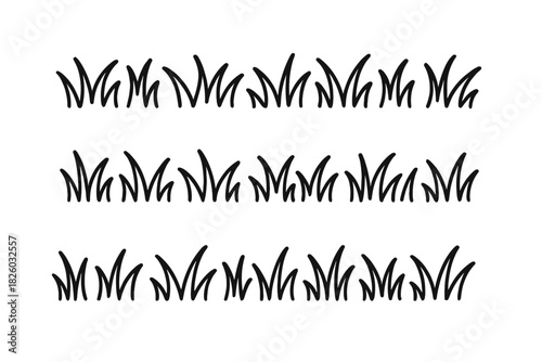 Continuous hand-drawn black outline grass borders and dividers for design elements