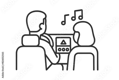 Happy couple enjoying music and entertainment together inside a vehicle during a long road trip journey