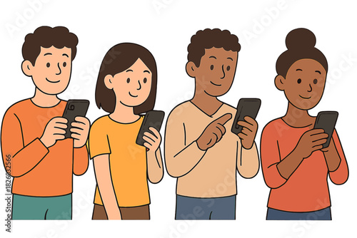 Diverse young adults smiling while holding mobile phones for social media communication