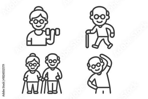 Active elderly people exercising and walking with mobility aids line icons