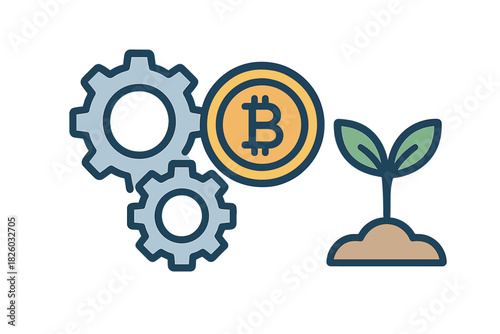 Digital currency growth mechanism showing gears, crypto symbol, and growing plant