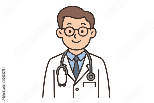 Smiling male doctor wearing glasses and a white coat with a stethoscope around his neck