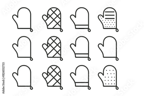 Set of twelve black and white line icons of oven mitts and gloves for kitchen safety