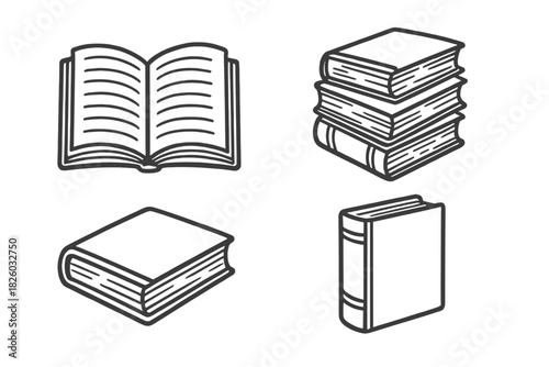 Collection of four outline icons showing different views of open, closed, and stacked books