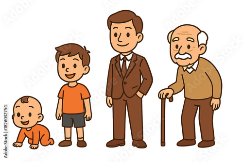 Four stages of male human development showing the aging process from infancy to old age