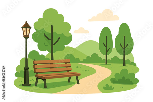 Wooden park bench and vintage lamppost surrounded by lush green trees along a winding path