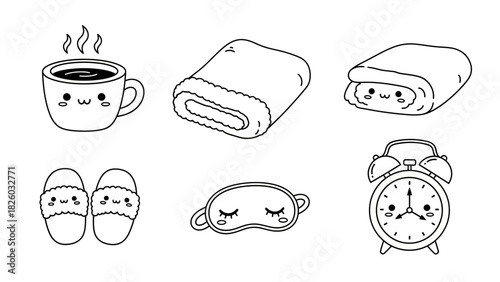 Cozy morning vibes featuring kawaii mug, soft blanket, plush slippers, sleep mask, and alarm clock, perfect for relaxation and self care promotion