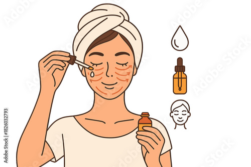 Woman applying moisturizing serum to her face using a dropper bottle during daily beauty routine