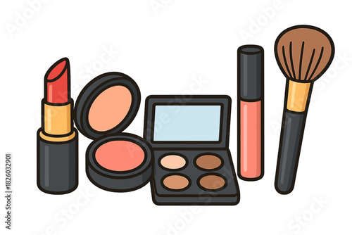 Essential makeup products collection including lipstick blush eyeshadow and brush