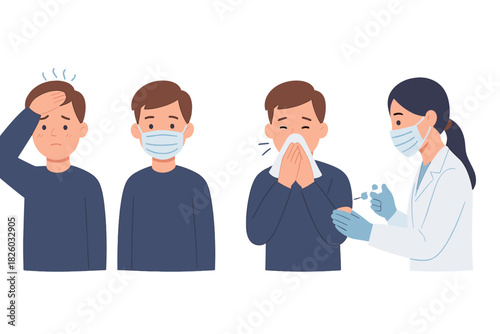 Stages of illness management showing symptoms, mask wearing prevention, and medical vaccination treatment