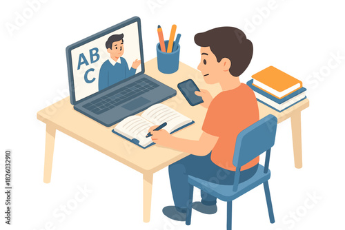 Young student sitting at a desk taking notes while watching a virtual lesson on a laptop