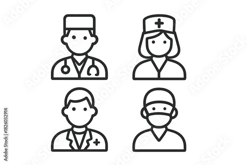 Set of professional medical staff avatars including doctor, nurse, and surgeon