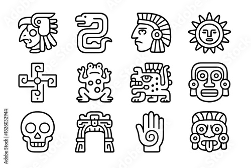 Set of ancient Mesoamerican mythological symbols and icons in thin line style