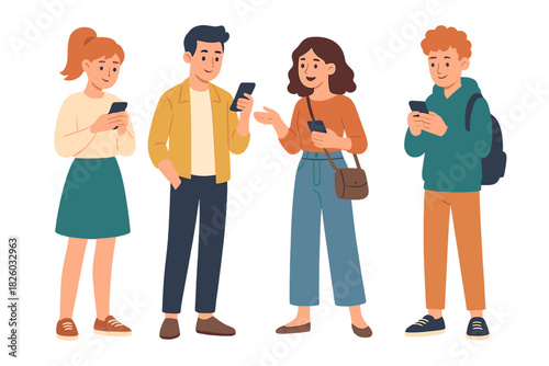 Diverse young people standing together communicating using mobile phones