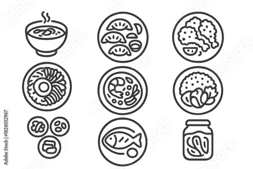 Set of outline symbols depicting popular Asian food items and traditional oriental cuisine dishes