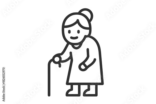Smiling elderly woman standing and leaning on a walking cane, simple black and white line art