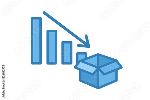 Bar chart showing decreasing stock levels and inventory depletion with a downward arrow pointing into an open box