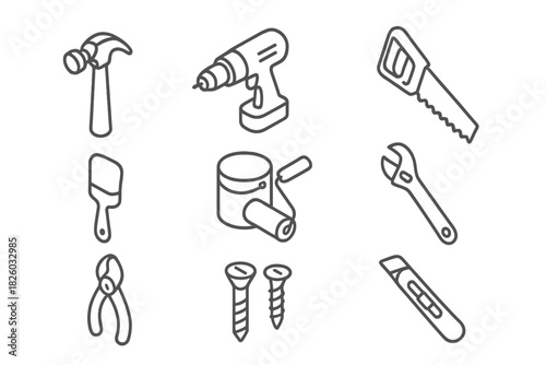 Isometric outline icons set of construction, repair, and DIY tools including hammer, drill, and saw