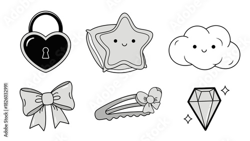 Charming collection of cute cartoon icons with a playful, whimsical feel perfect for stickers, scrapbooking, or adding a touch of fun to any design