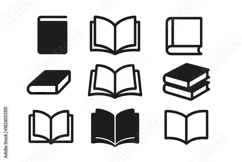 Collection of book icons representing open, closed, and stacked volumes for learning and literature