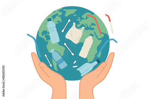 Hands holding the polluted Earth covered in plastic waste and garbage floating in the ocean