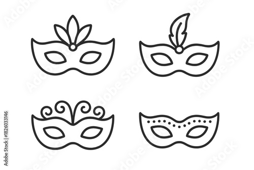 Decorative black and white line art masks for carnival, masquerade, Mardi Gras, or Venetian celebrations