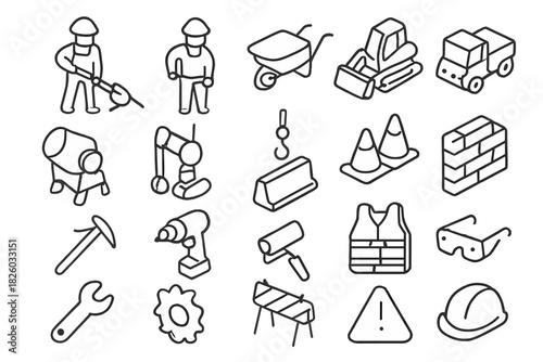 Outline symbols of construction site elements, labor, and safety equipment set