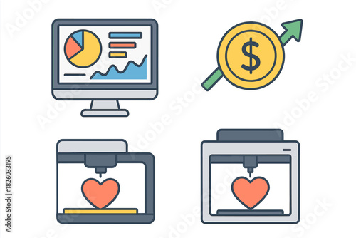 Set of technology icons depicting data analysis charts, financial growth, and 3D printing