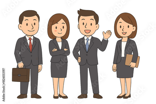 Group of four smiling business professionals standing together in formal suits and ties