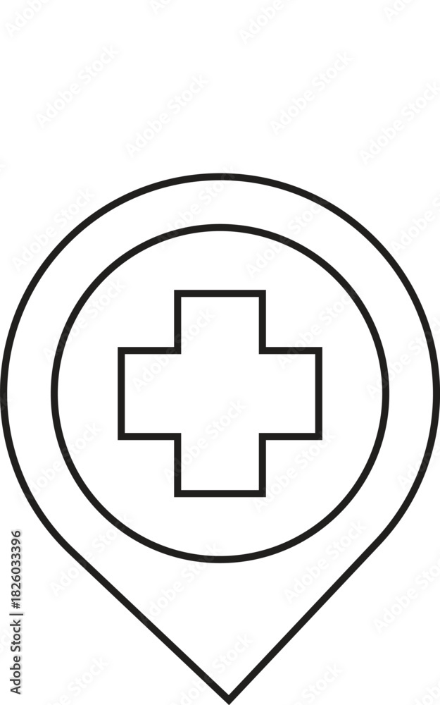 Obraz premium Outline icon of a location pin with a medical cross inside a circle, indicating a hospital or healthcare facility on a map.