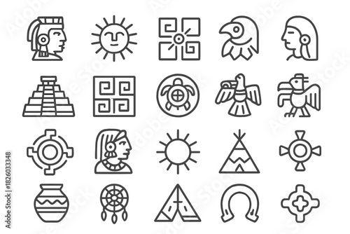 Ancient civilization symbols and indigenous culture icons set featuring sun, pyramid, eagle, and native profiles