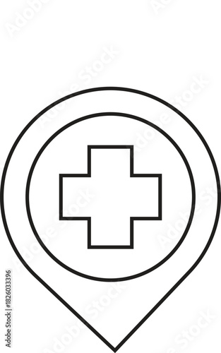 Outline icon of a location pin with a medical cross inside a circle, indicating a hospital or healthcare facility on a map.