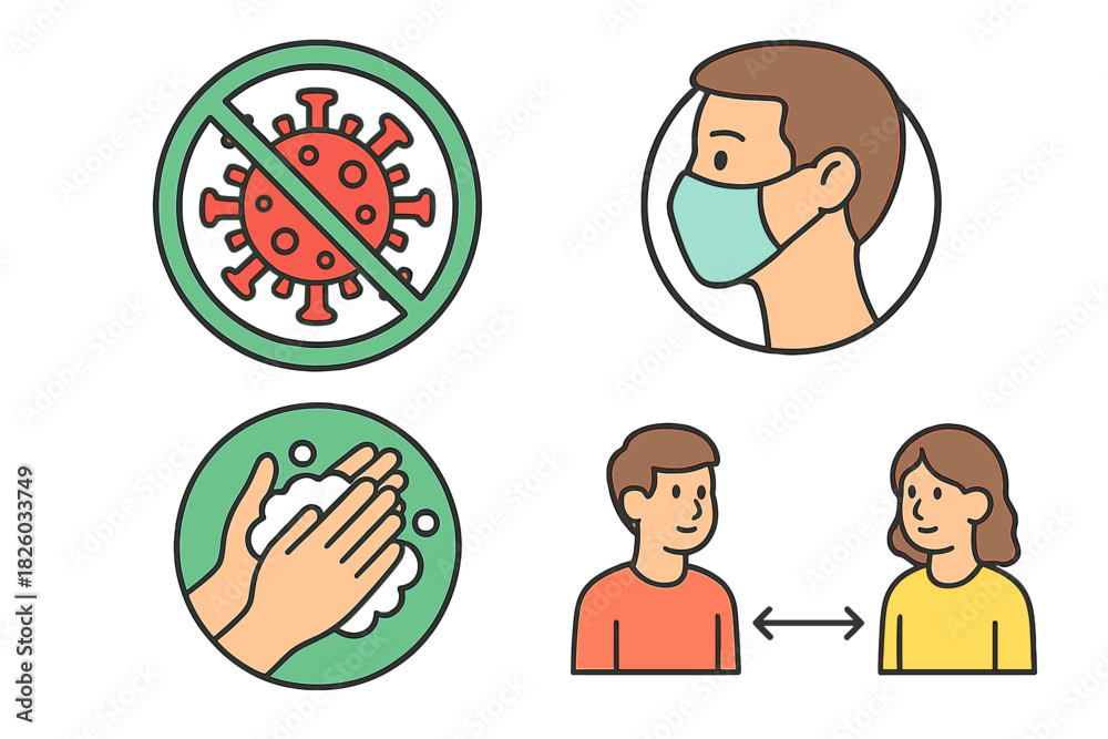 Fototapeta premium Set of public health safety symbols for hand washing, face mask, and social distancing