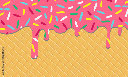 Dripping Pink Ice Cream and Candy Sprinkles over Wafer Cone Pattern. Melting ice cream with colorful sprinkles on wafer background. Perfect for packaging, banners, posters, menu design