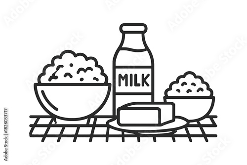 Arrangement of fresh milk bottle, butter stick, and cottage cheese bowls on a checkered tablecloth