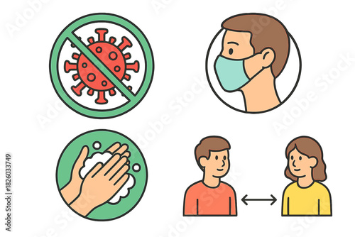 Set of public health safety symbols for hand washing, face mask, and social distancing