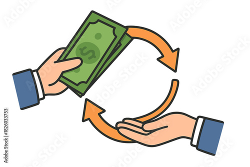 Financial transaction concept showing hands exchanging cash currency with circular flow arrows