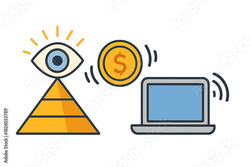 Digital financial monitoring concept showing pyramid eye, dollar coin, and laptop communication