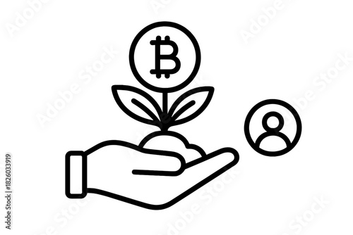Hand nurturing a growing plant with a digital currency symbol representing financial investment