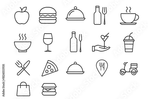 Minimalist outline icons for food, restaurant, dining, beverage, and delivery services