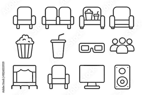 Movie theater experience icons featuring cinema seats, popcorn, soda, 3D glasses, and sound equipment