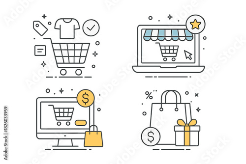 Digital commerce and retail concepts featuring shopping carts, computers, bags, and gifts