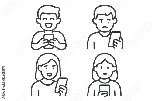 Men and women using mobile phones displaying happy sad surprised and neutral emotions